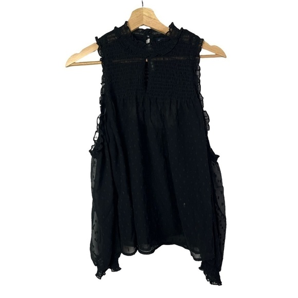 American Eagle AEO Black High Neck Swiss Dot Cold Shoulder Long Sleeve Blouse M - Picture 1 of 5